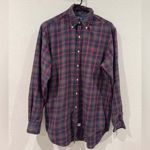 Vintage Ralph Lauren Men’s 100% Cotton Plaid Red Green Holiday Button Down Top M - Picture 1 of 13
